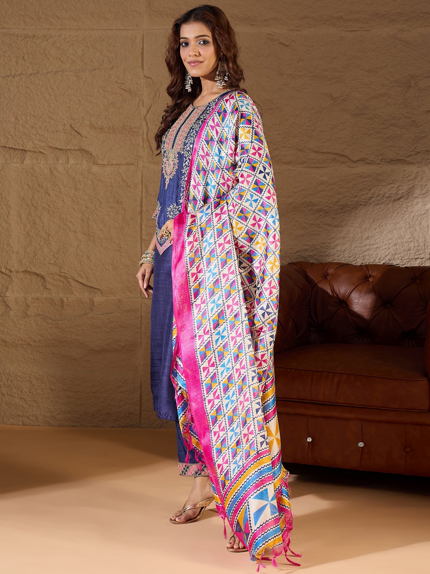 Aaradhya Embroidered Silk Blend Calf Length Straight Kurta Trouser with Dupatta Set