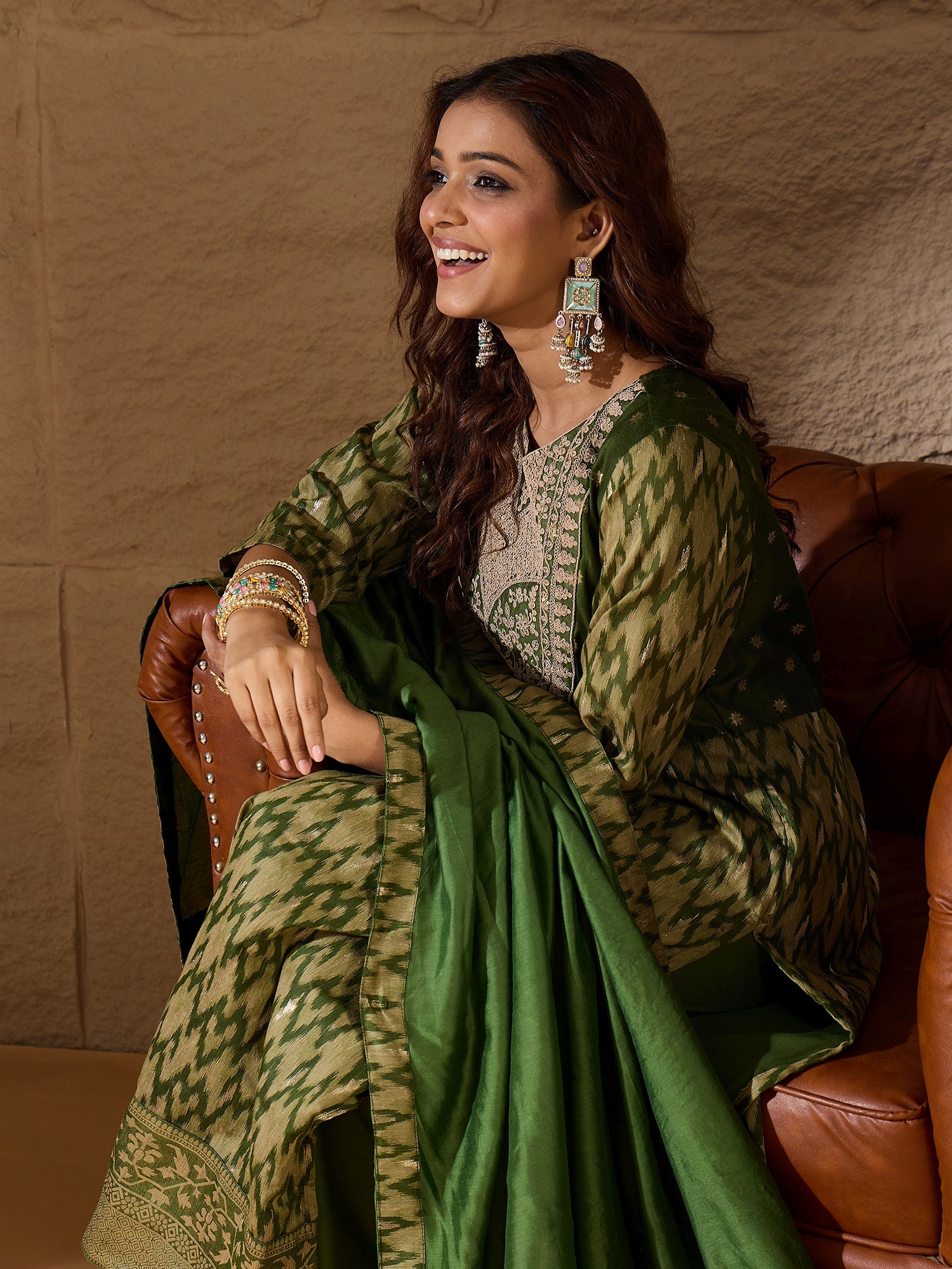 Damini Mehndi Cotton Silk Embellished Flared Suit Set