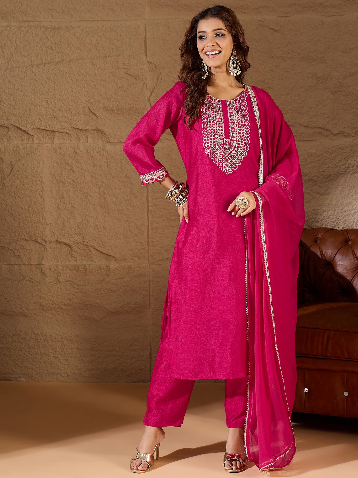 Mridaani  Pink Silk Blend Yoke Design Kurta and Trousers Pant Set