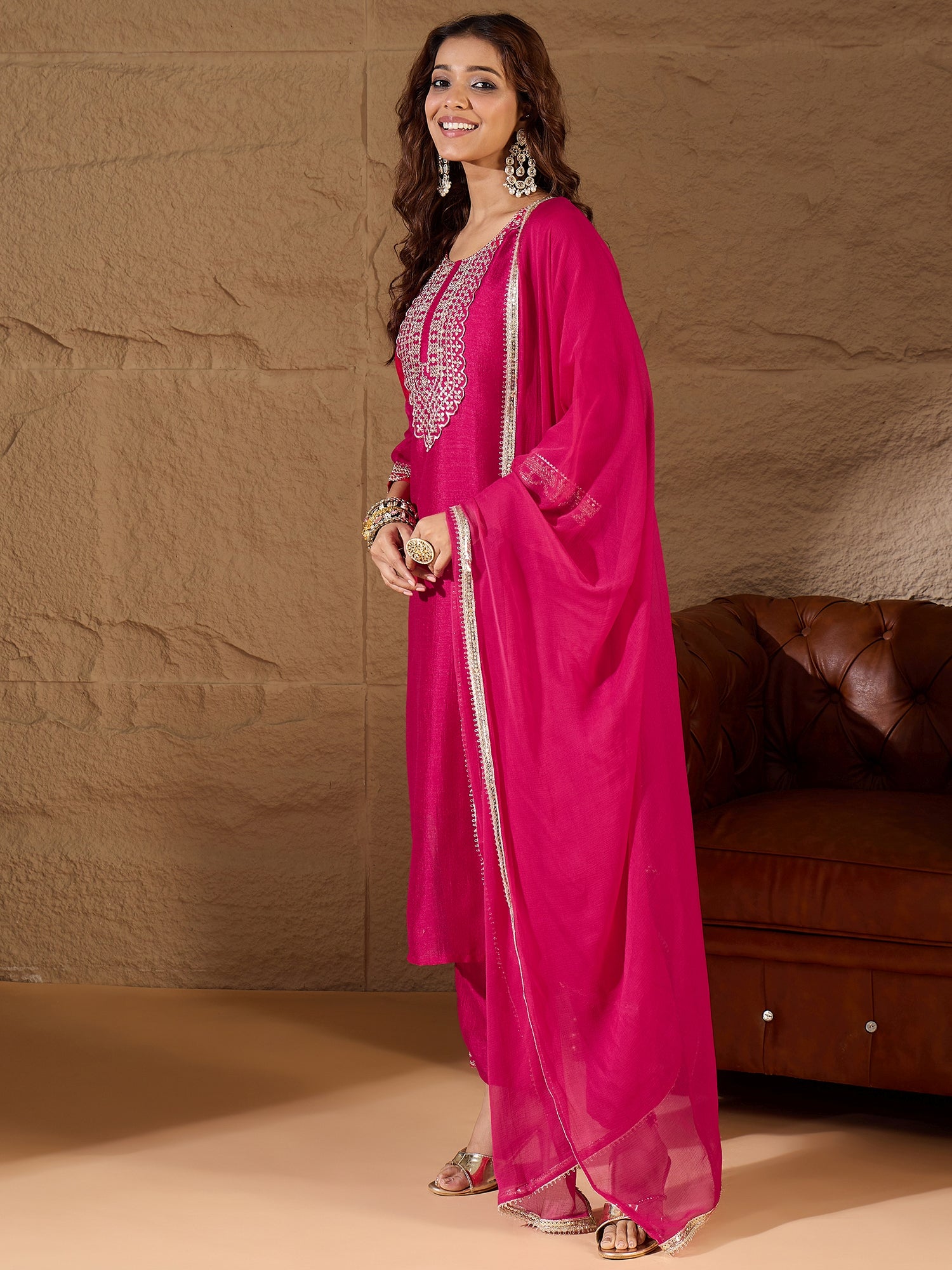 Mridaani  Pink Silk Blend Yoke Design Kurta and Trousers Pant Set
