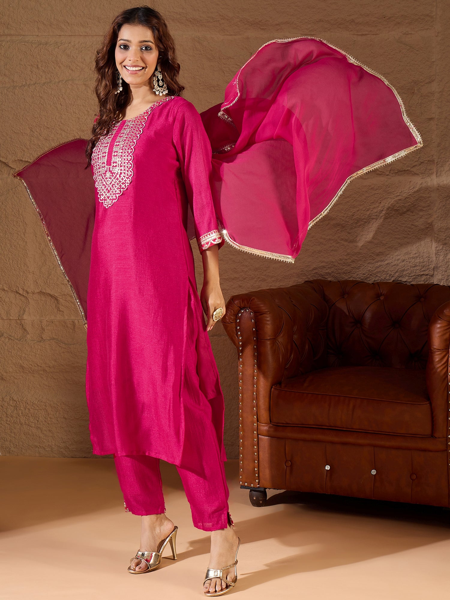 Mridaani  Pink Silk Blend Yoke Design Kurta and Trousers Pant Set