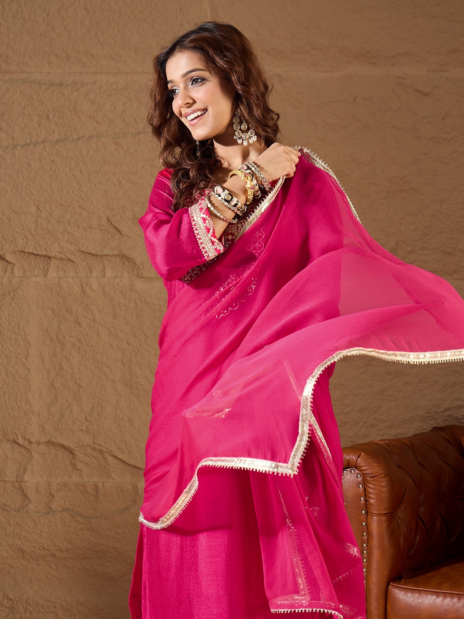 Mridaani  Pink Silk Blend Yoke Design Kurta and Trousers Pant Set