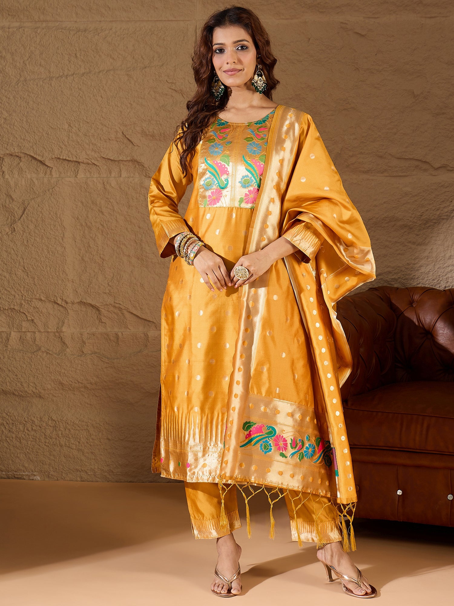Aanira Yellow Cotton Silk Jacquard Kurta Pant With Banarasi Silk dupatta