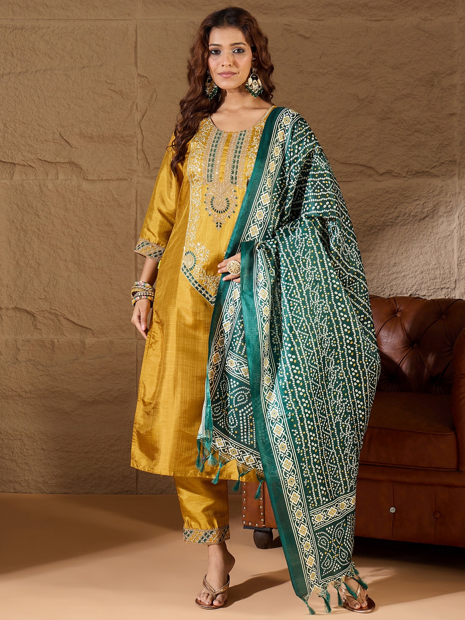 Devira Embroidered Silk Blend Calf Length Straight Kurta Trouser with Dupatta Set