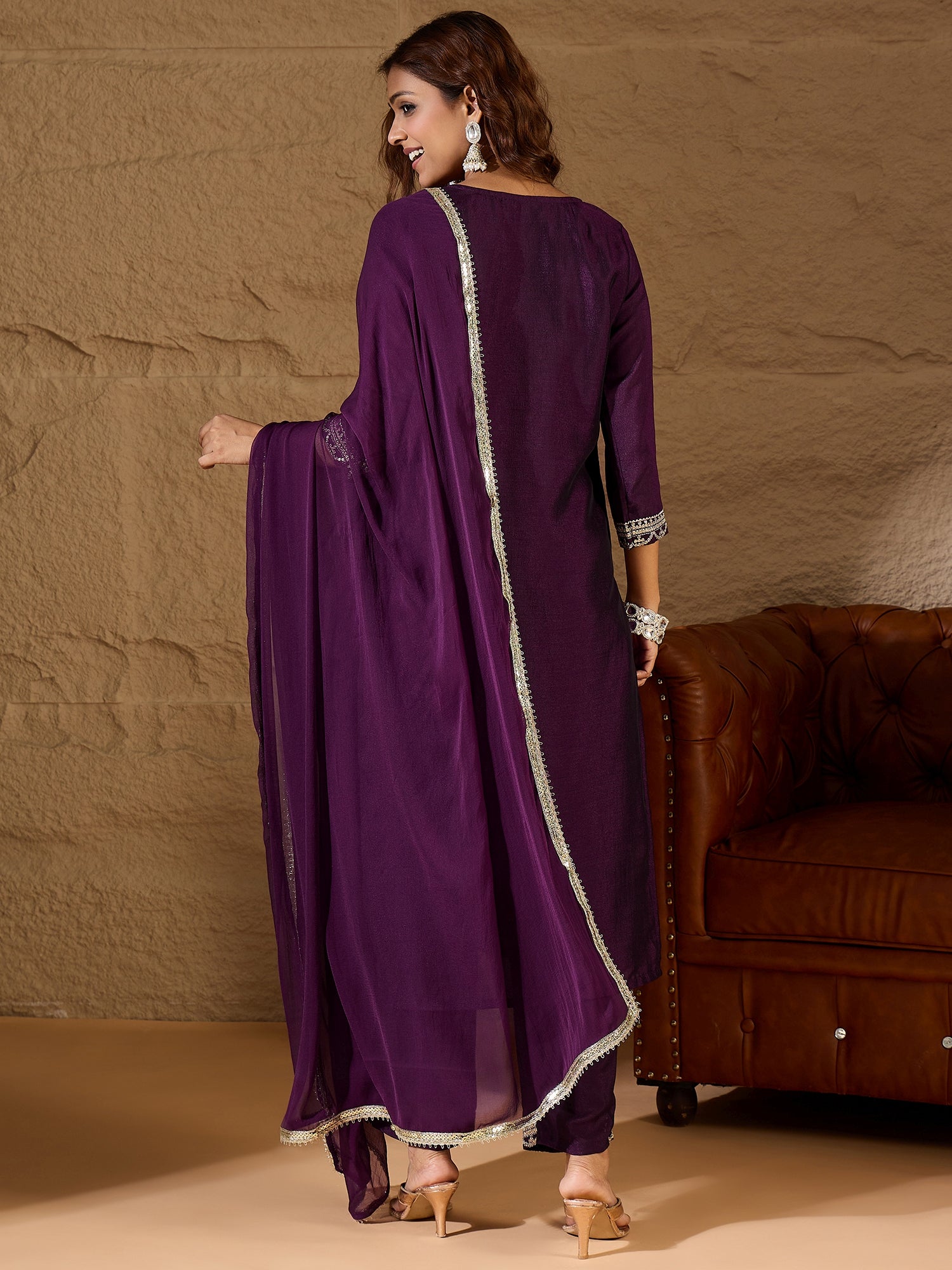 Tanmaya  Purple Silk Blend Yoke Design Kurta and Trousers Pant Set