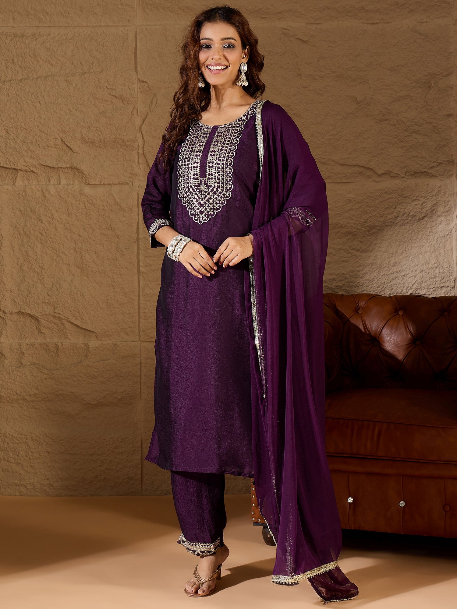 Tanmaya  Purple Silk Blend Yoke Design Kurta and Trousers Pant Set