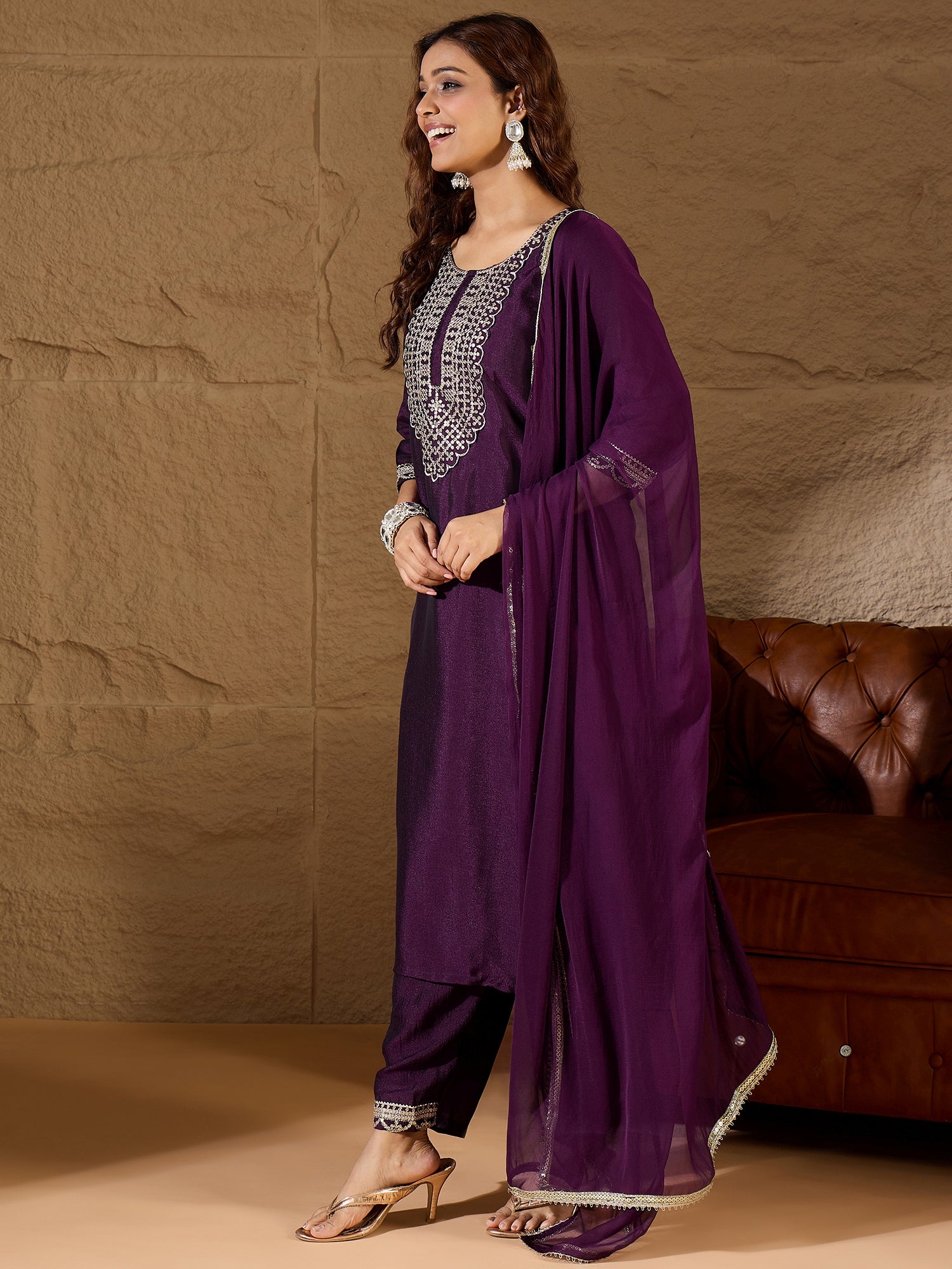 Tanmaya  Purple Silk Blend Yoke Design Kurta and Trousers Pant Set