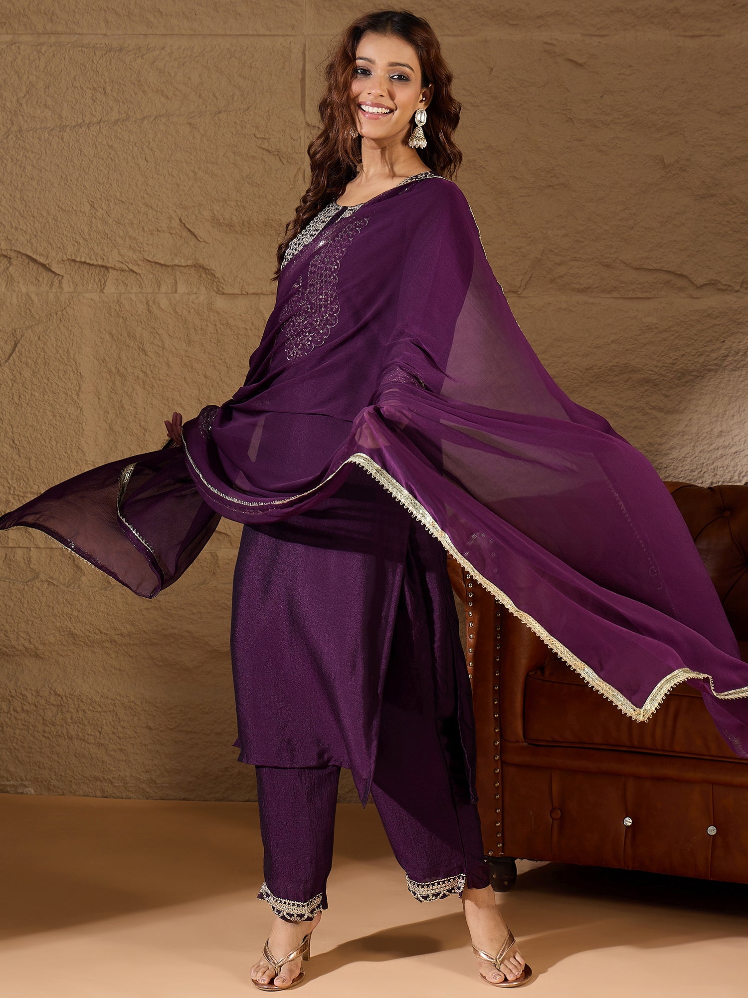 Tanmaya  Purple Silk Blend Yoke Design Kurta and Trousers Pant Set