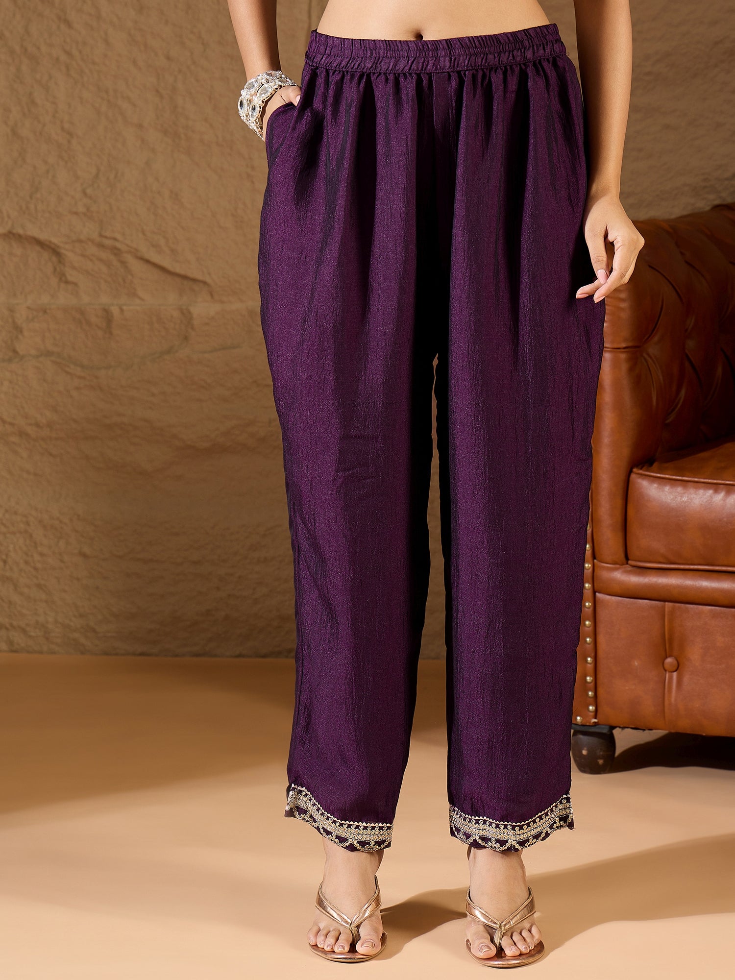 Tanmaya  Purple Silk Blend Yoke Design Kurta and Trousers Pant Set