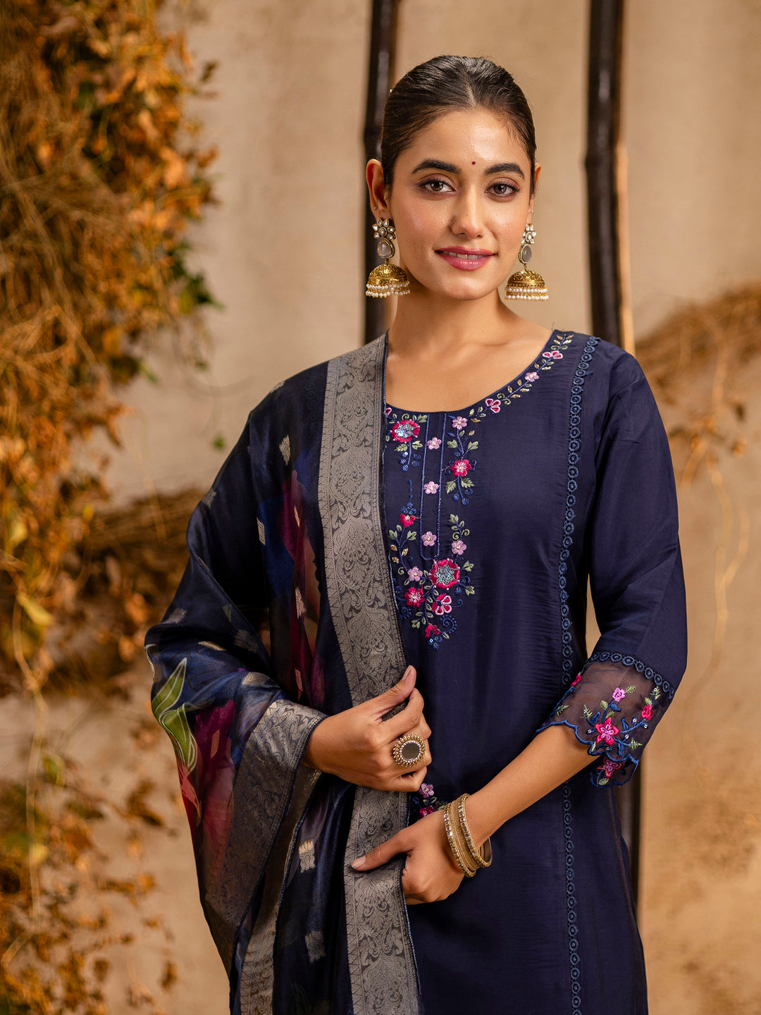 Deepali Viscose Roman Silk Calf Length Kurta Set Dupatta