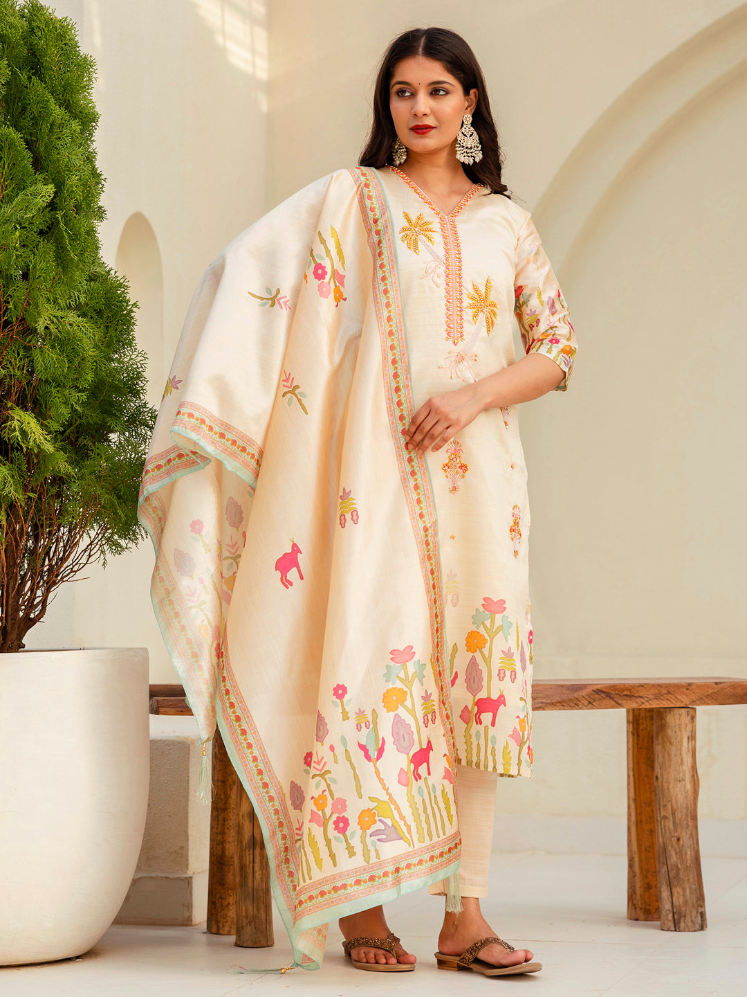 Charvi Cream Floral Print  Silk Women Kurta Sets With Printed Dupatta Suits