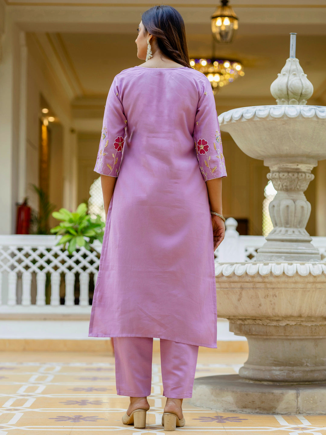 Chaitali Lavender floral Placement Print Viscose Silk Suit Set with Sequence and Hand work