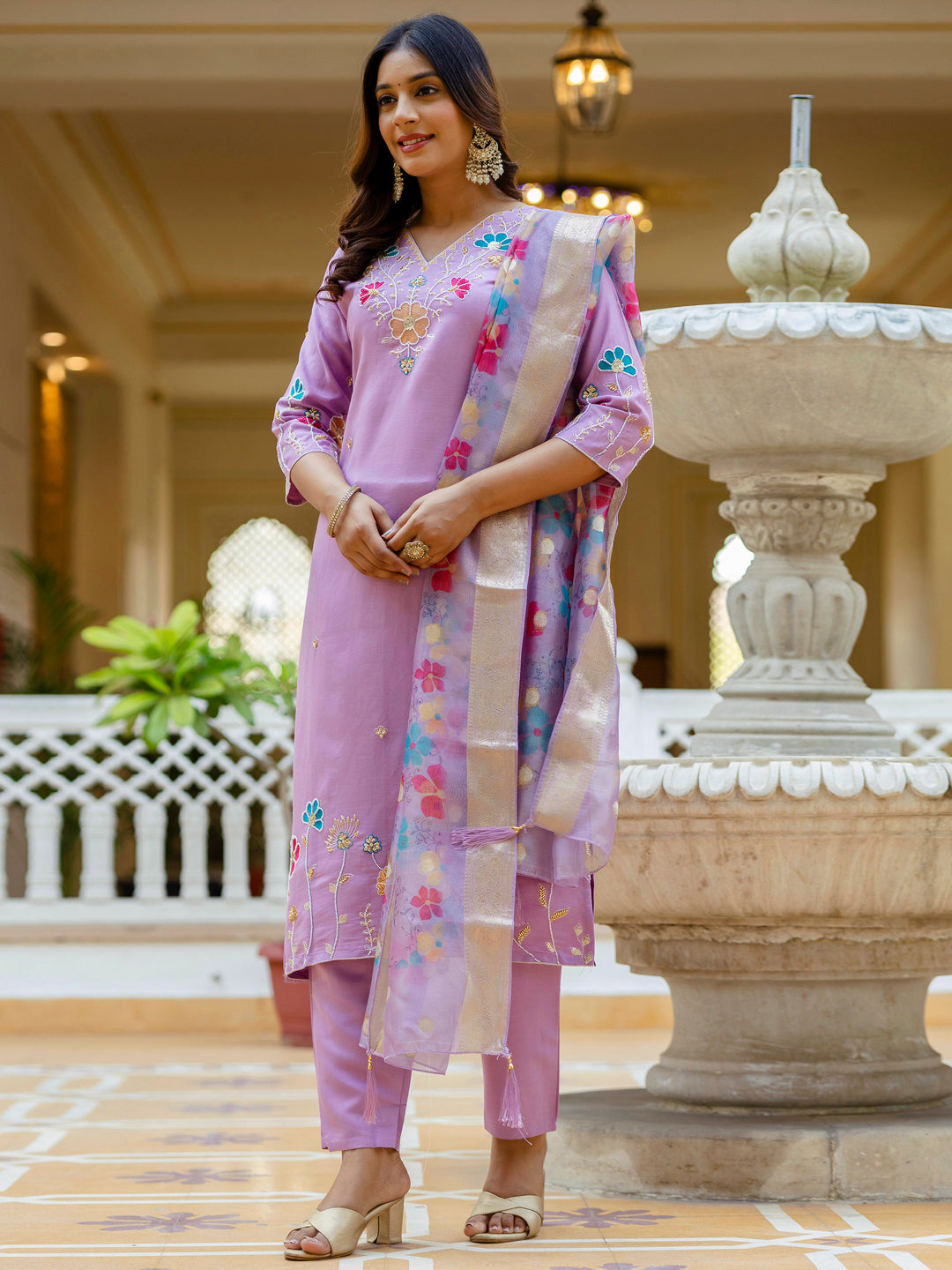 Chaitali Lavender floral Placement Print Viscose Silk Suit Set with Sequence and Hand work