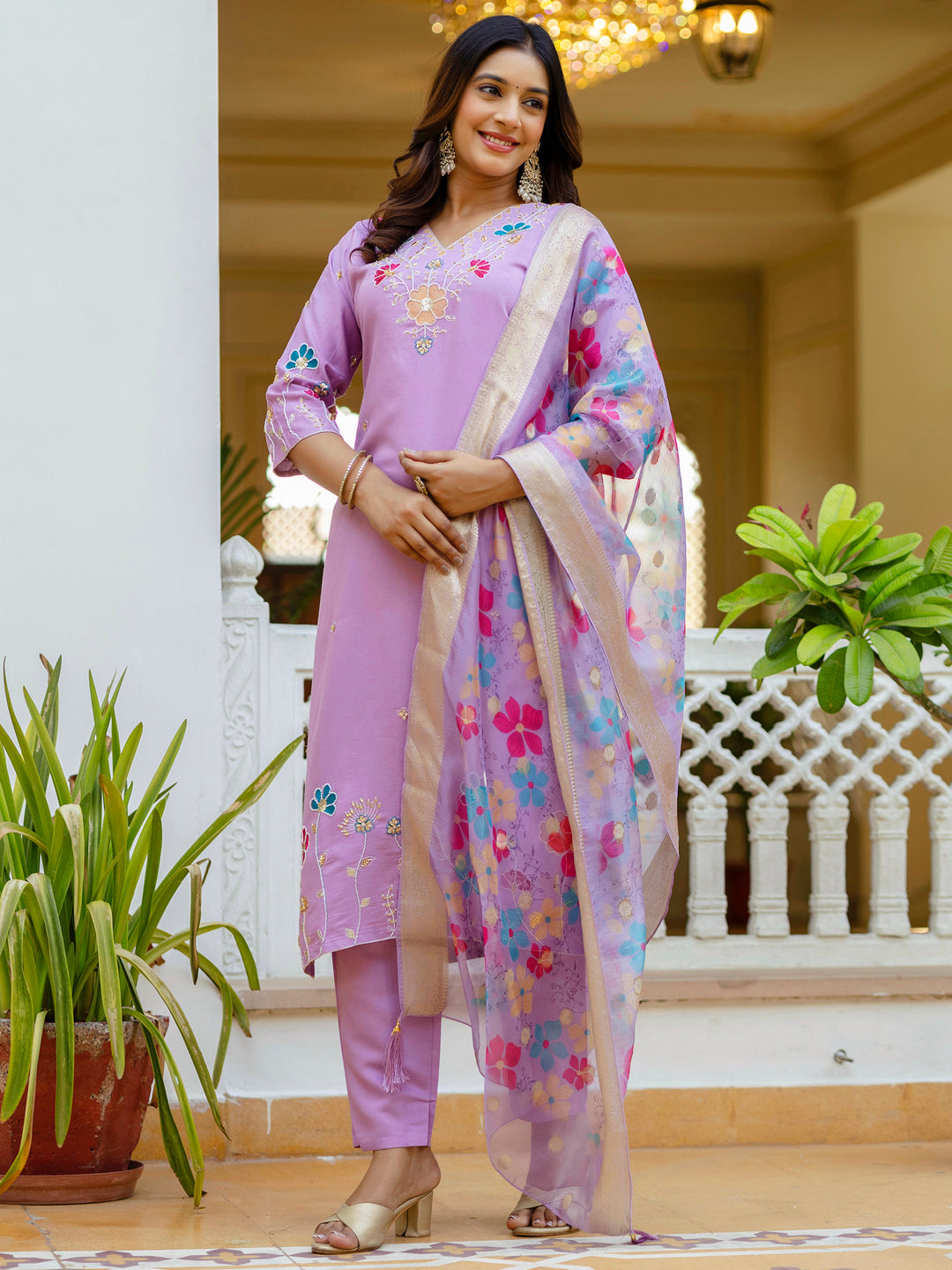 Chaitali Lavender floral Placement Print Viscose Silk Suit Set with Sequence and Hand work