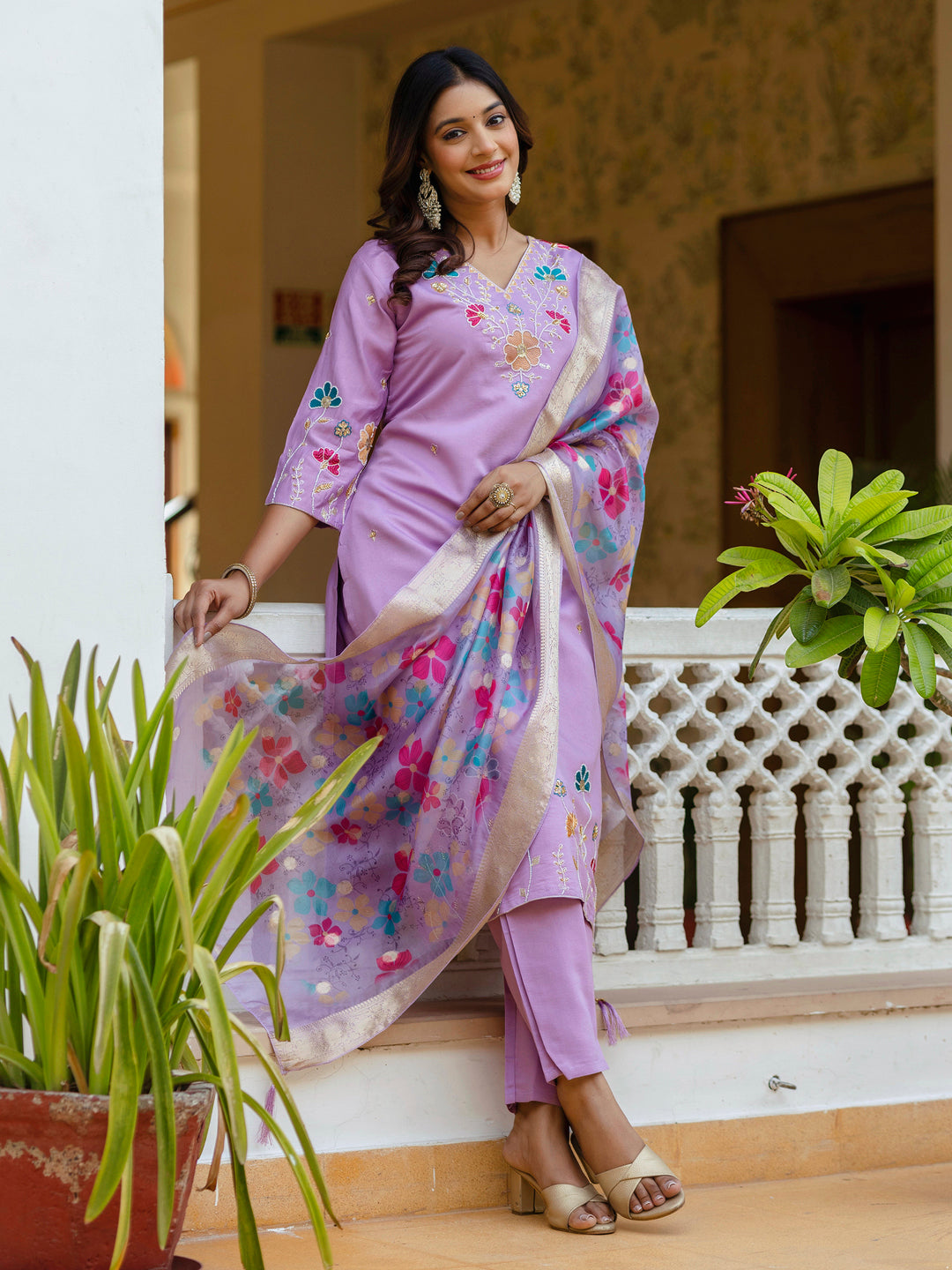 Chaitali Lavender floral Placement Print Viscose Silk Suit Set with Sequence and Hand work