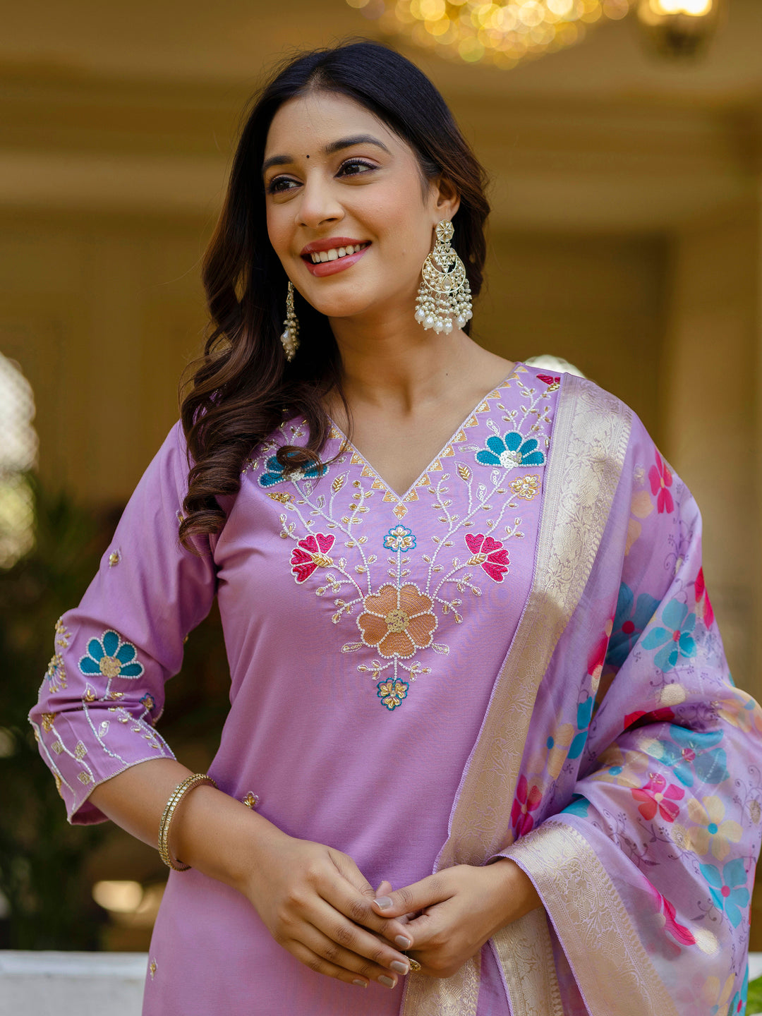 Chaitali Lavender floral Placement Print Viscose Silk Suit Set with Sequence and Hand work