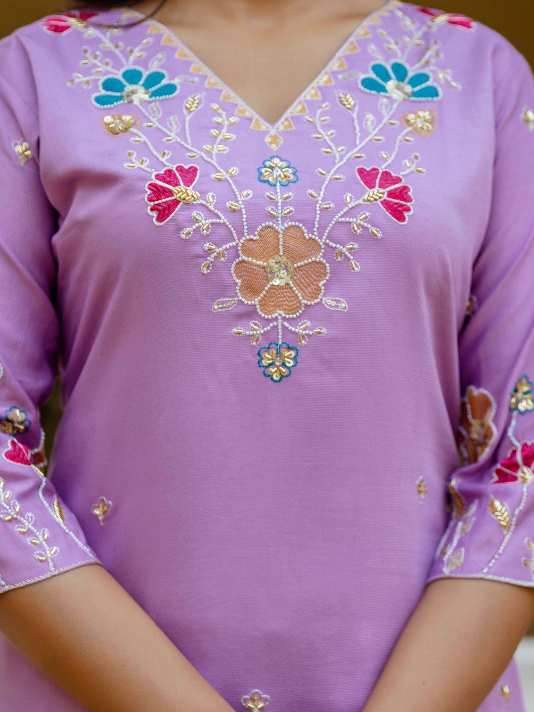 Chaitali Lavender floral Placement Print Viscose Silk Suit Set with Sequence and Hand work