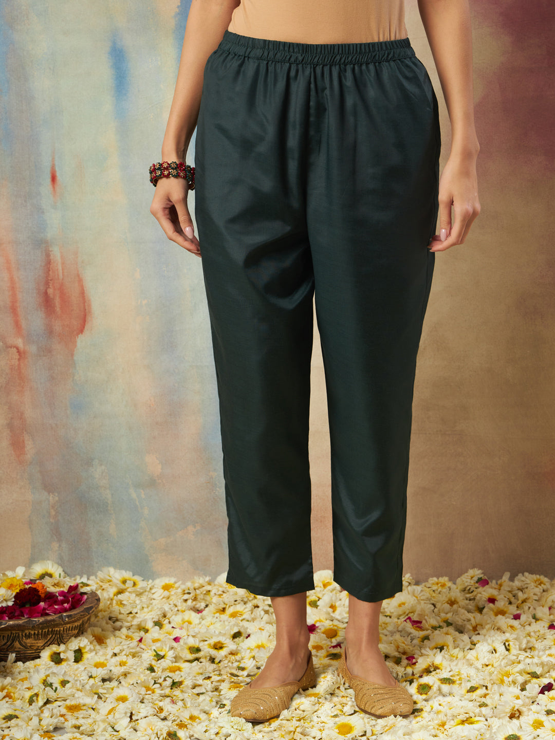 Dakshini Women Flared Kurta and Trousers Pant Set Cotton Silk Blend