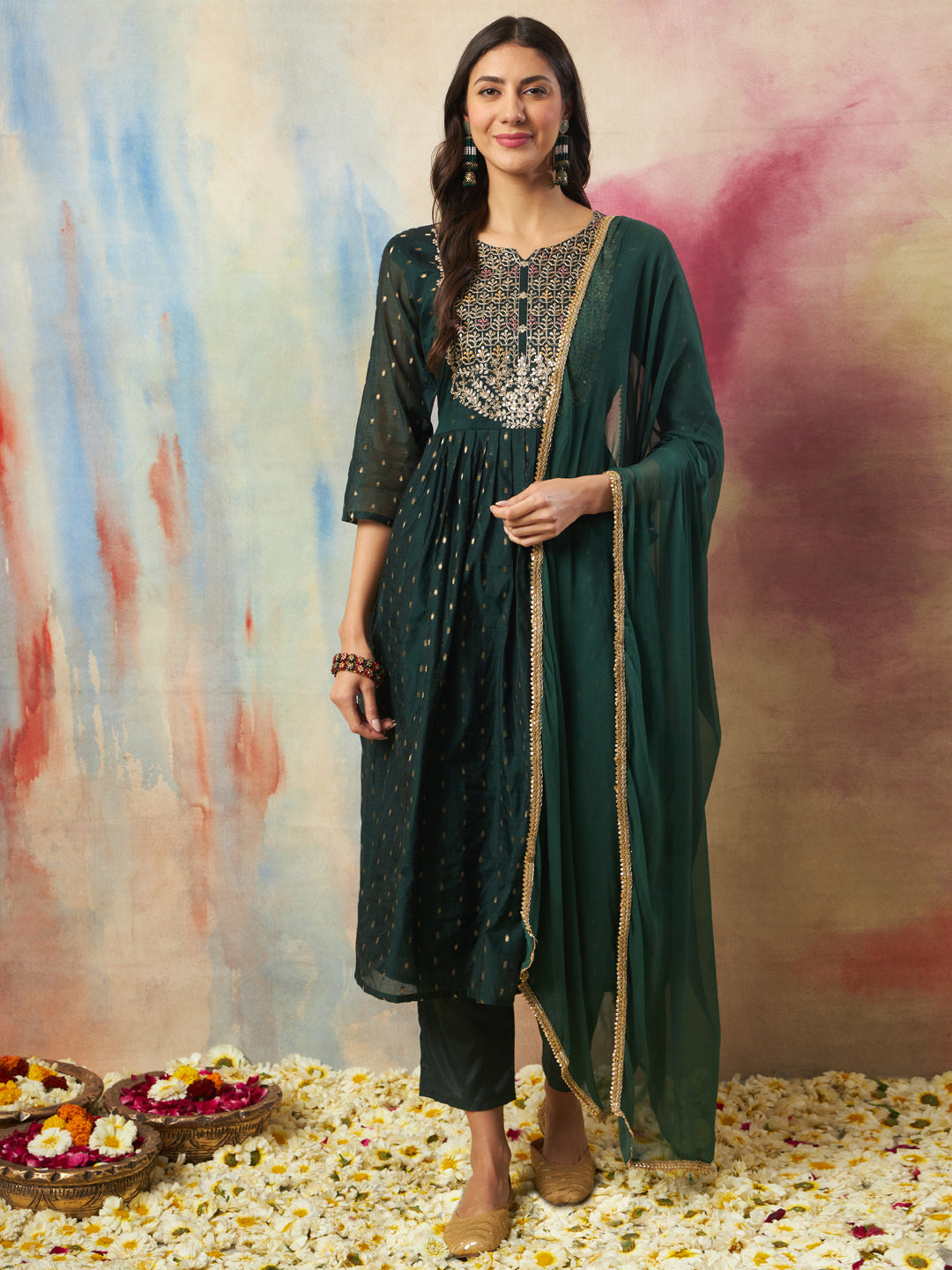 Dakshini Women Flared Kurta and Trousers Pant Set Cotton Silk Blend
