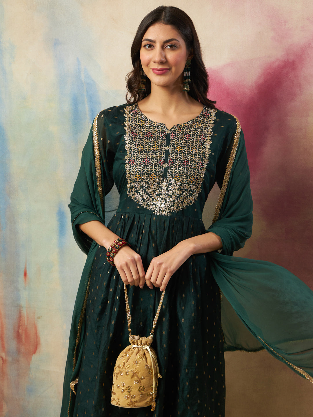 Dakshini Women Flared Kurta and Trousers Pant Set Cotton Silk Blend
