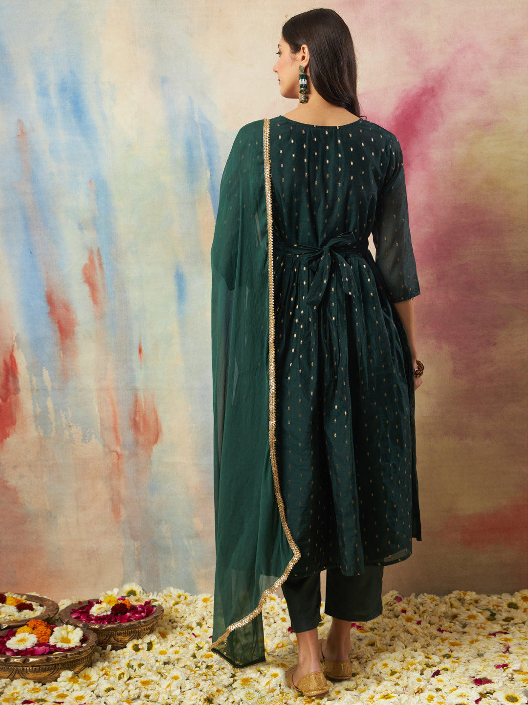 Dakshini Women Flared Kurta and Trousers Pant Set Cotton Silk Blend