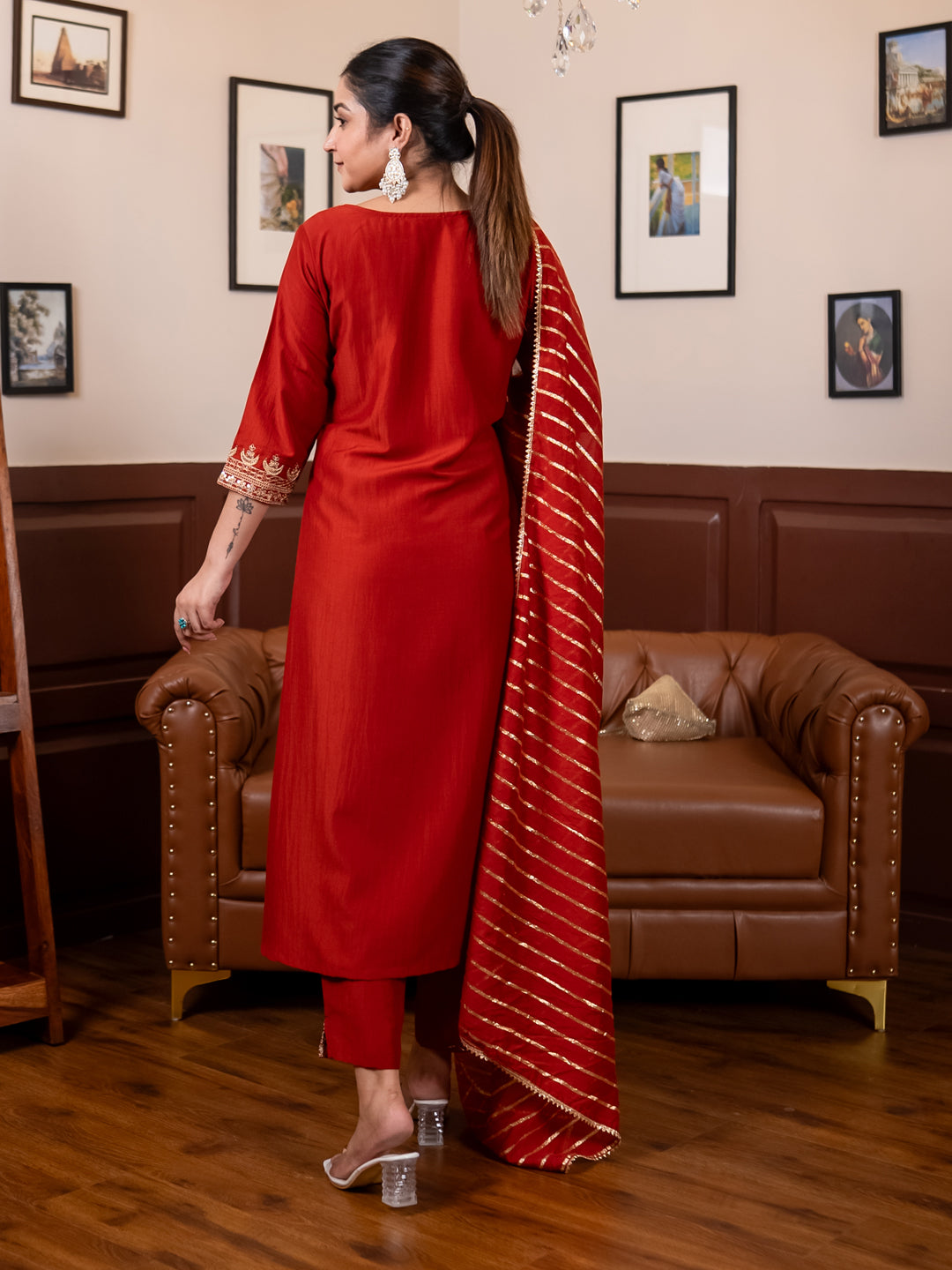 Eira Peach Women Kurta and Pant Dupatta Sets Silk Blend Fabrics with Embroidery Handwork