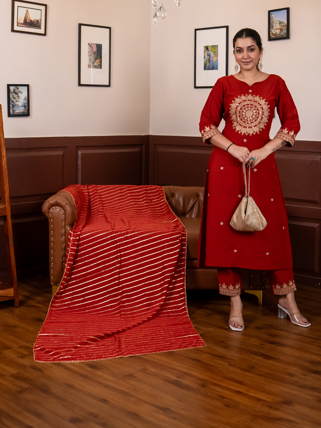 Eira Peach Women Kurta and Pant Dupatta Sets Silk Blend Fabrics with Embroidery Handwork