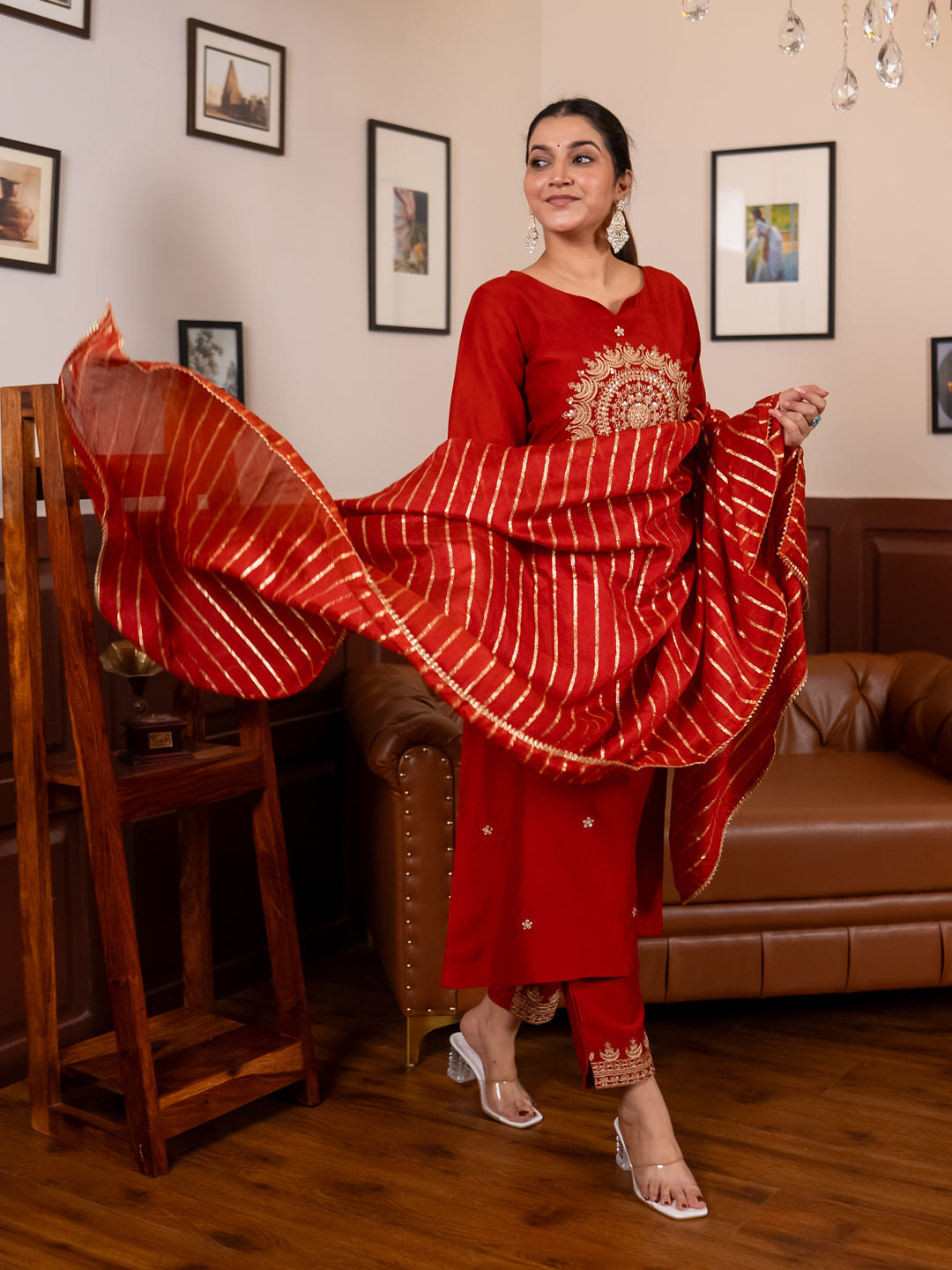 Eira Peach Women Kurta and Pant Dupatta Sets Silk Blend Fabrics with Embroidery Handwork