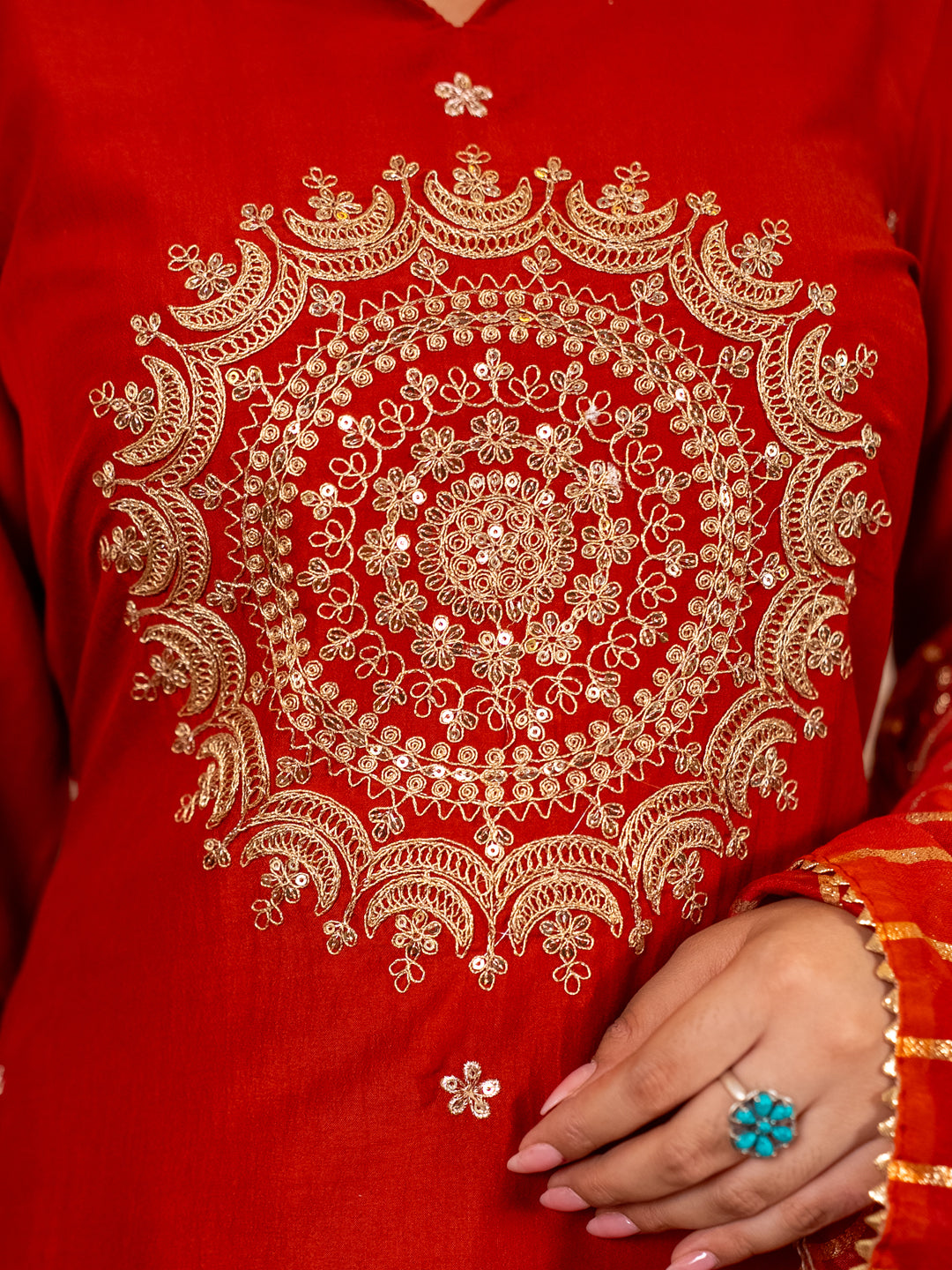 Eira Peach Women Kurta and Pant Dupatta Sets Silk Blend Fabrics with Embroidery Handwork