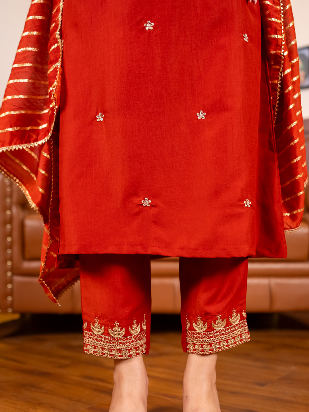 Eira Peach Women Kurta and Pant Dupatta Sets Silk Blend Fabrics with Embroidery Handwork