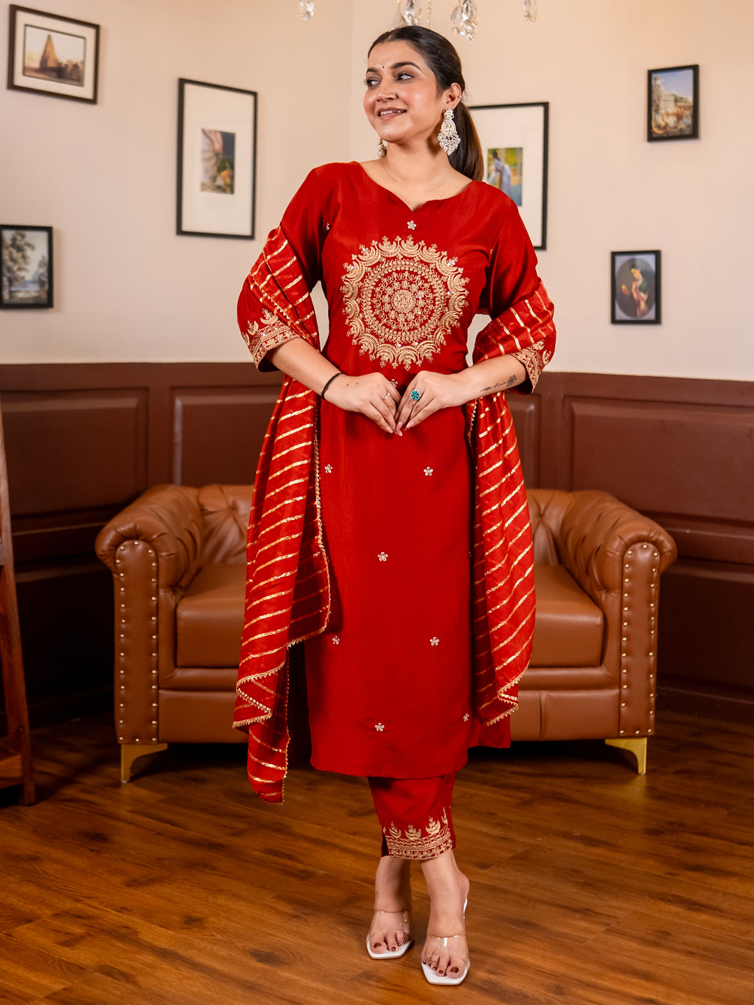 Eira Peach Women Kurta and Pant Dupatta Sets Silk Blend Fabrics with Embroidery Handwork
