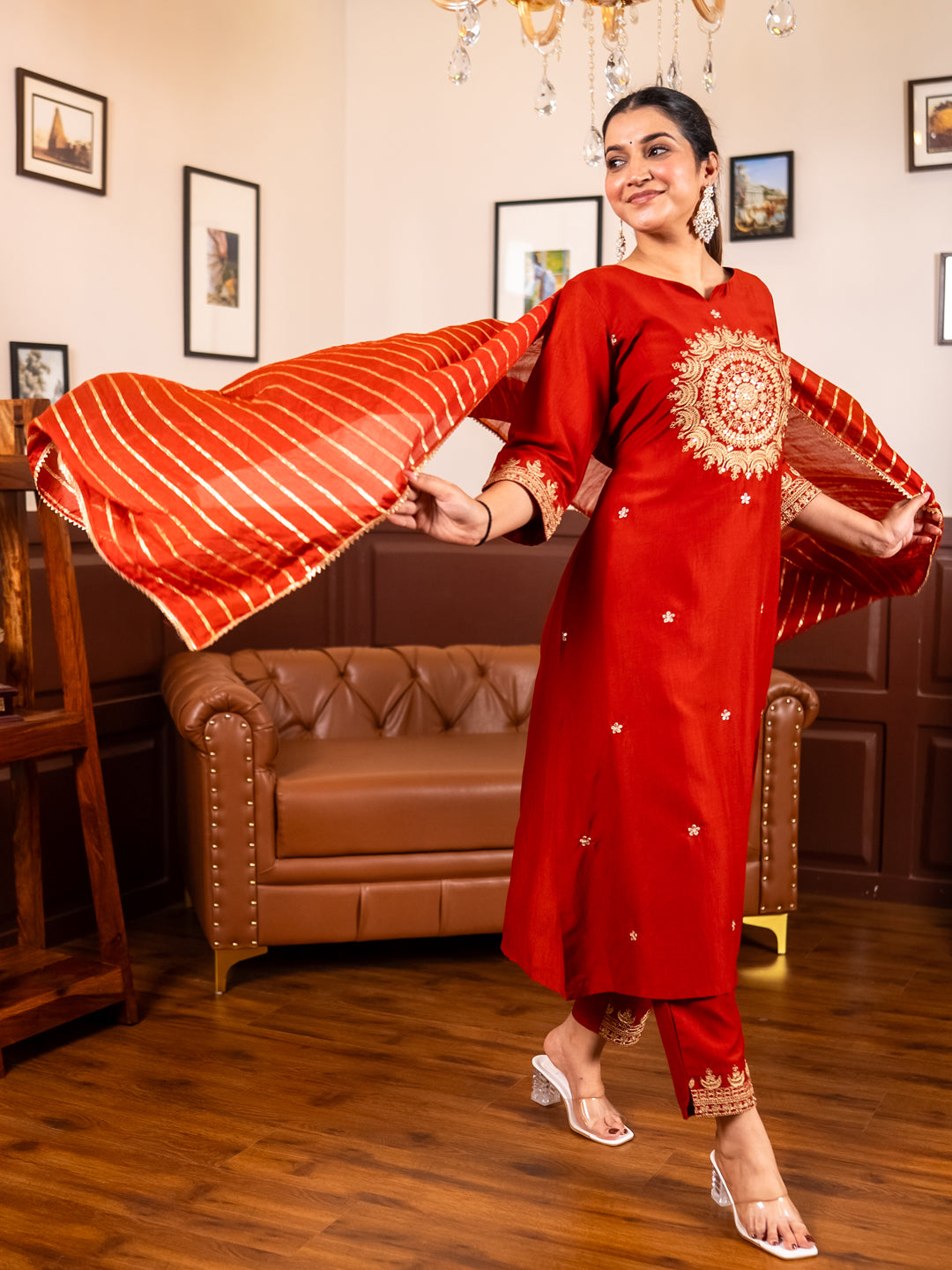 Eira Peach Women Kurta and Pant Dupatta Sets Silk Blend Fabrics with Embroidery Handwork