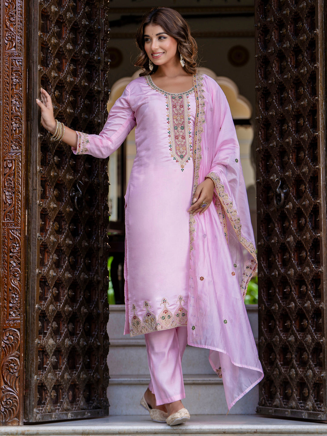 Luis Women's Embroidered Silk Blend Calf Length Straight Kurta Trouser with Dupatta Set