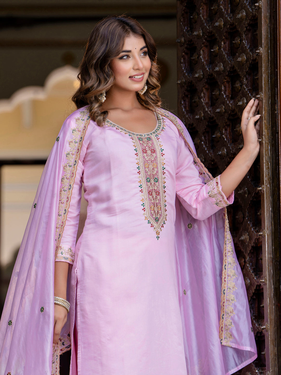 Luis Women's Embroidered Silk Blend Calf Length Straight Kurta Trouser with Dupatta Set