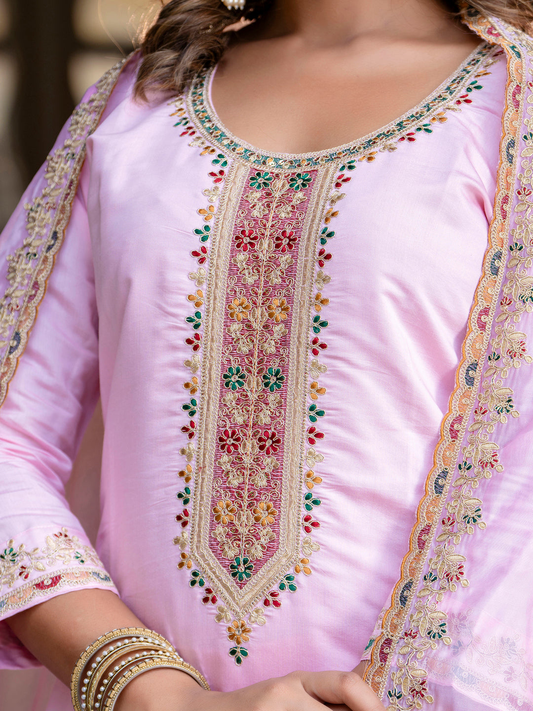 Luis Women's Embroidered Silk Blend Calf Length Straight Kurta Trouser with Dupatta Set