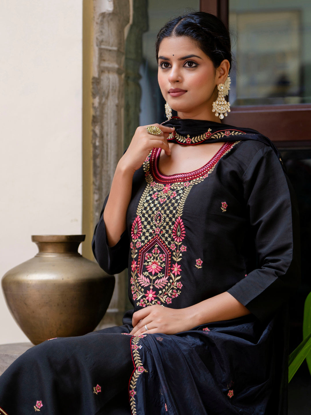 Avni Women's Embroidered Silk Blend Calf Length Straight Kurta Trouser with Dupatta Set