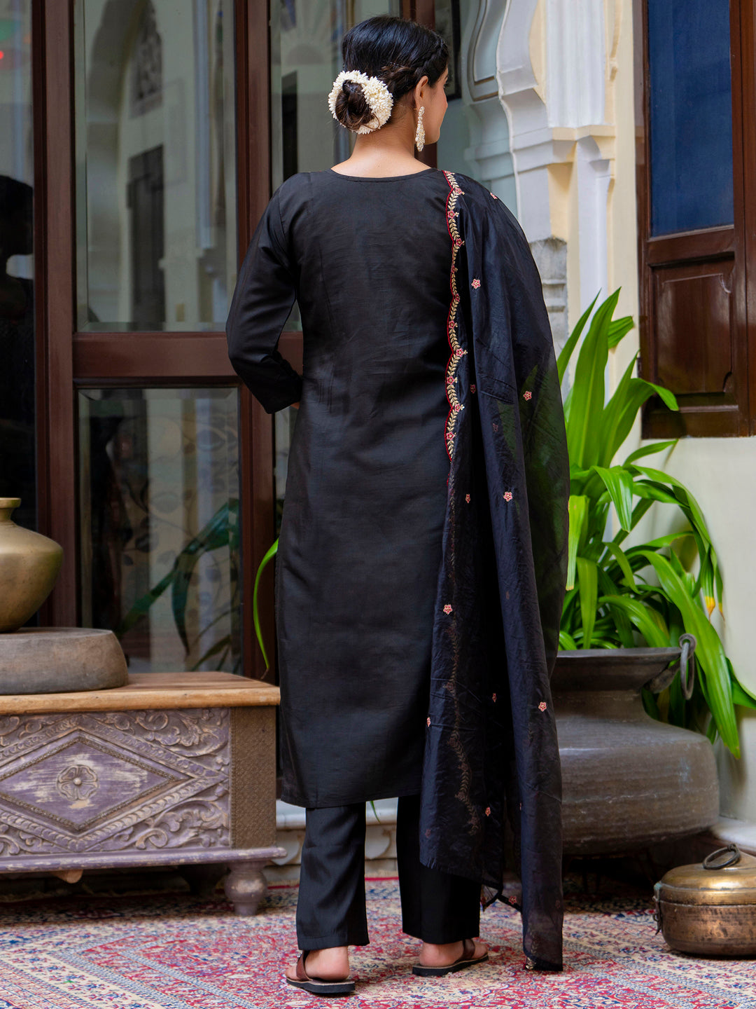 Avni Women's Embroidered Silk Blend Calf Length Straight Kurta Trouser with Dupatta Set
