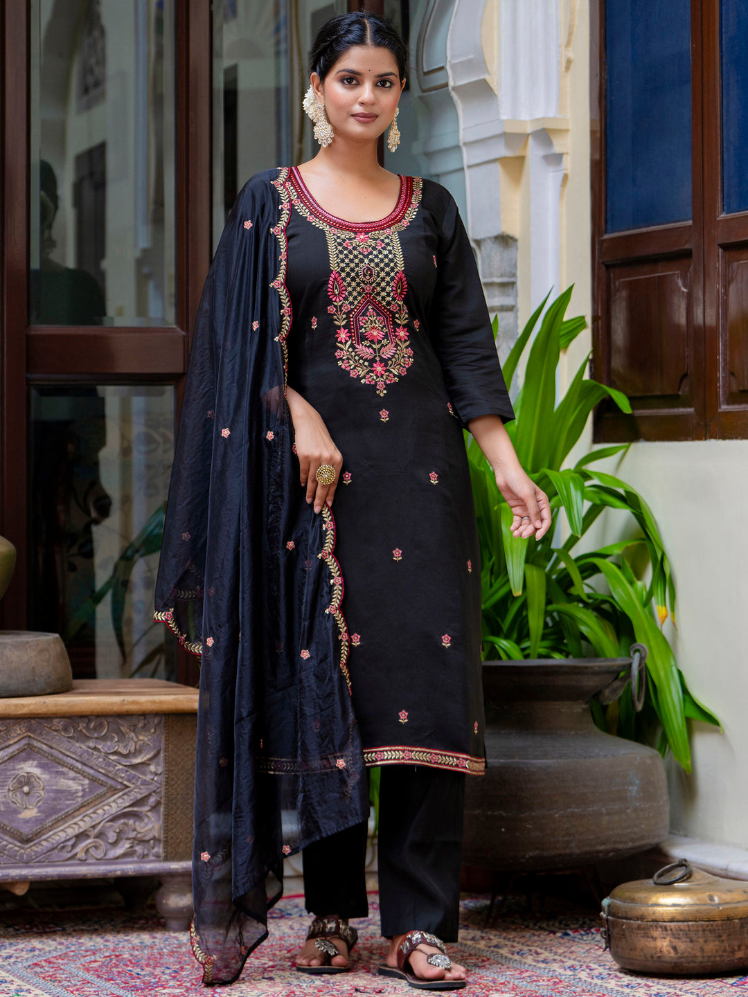 Avni Women's Embroidered Silk Blend Calf Length Straight Kurta Trouser with Dupatta Set
