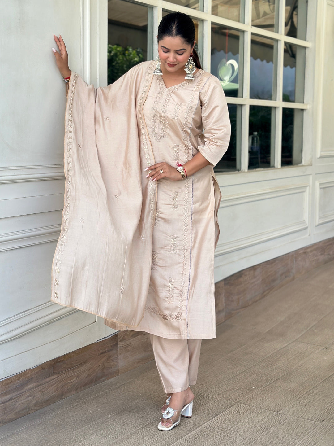 Smira Beige Kurta and Pant Dupatta Sets Silk Blend Fabrics with Embroidery
