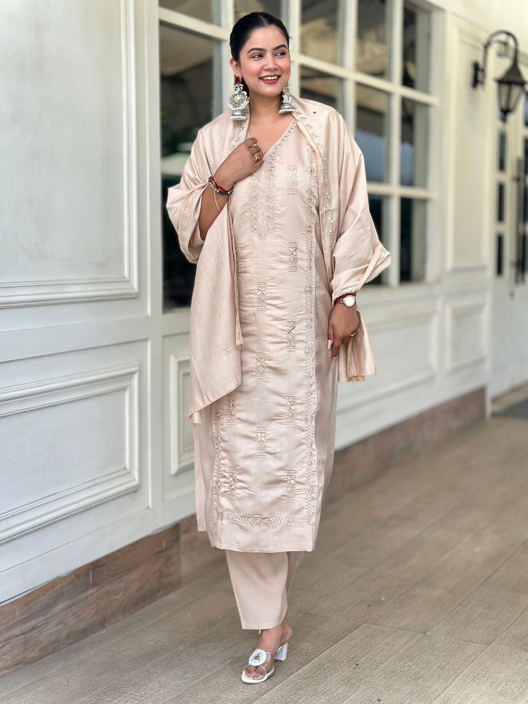 Smira Beige Kurta and Pant Dupatta Sets Silk Blend Fabrics with Embroidery