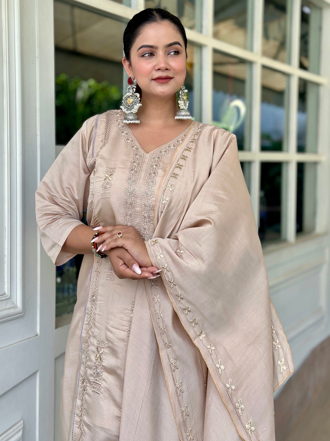 Smira Beige Kurta and Pant Dupatta Sets Silk Blend Fabrics with Embroidery