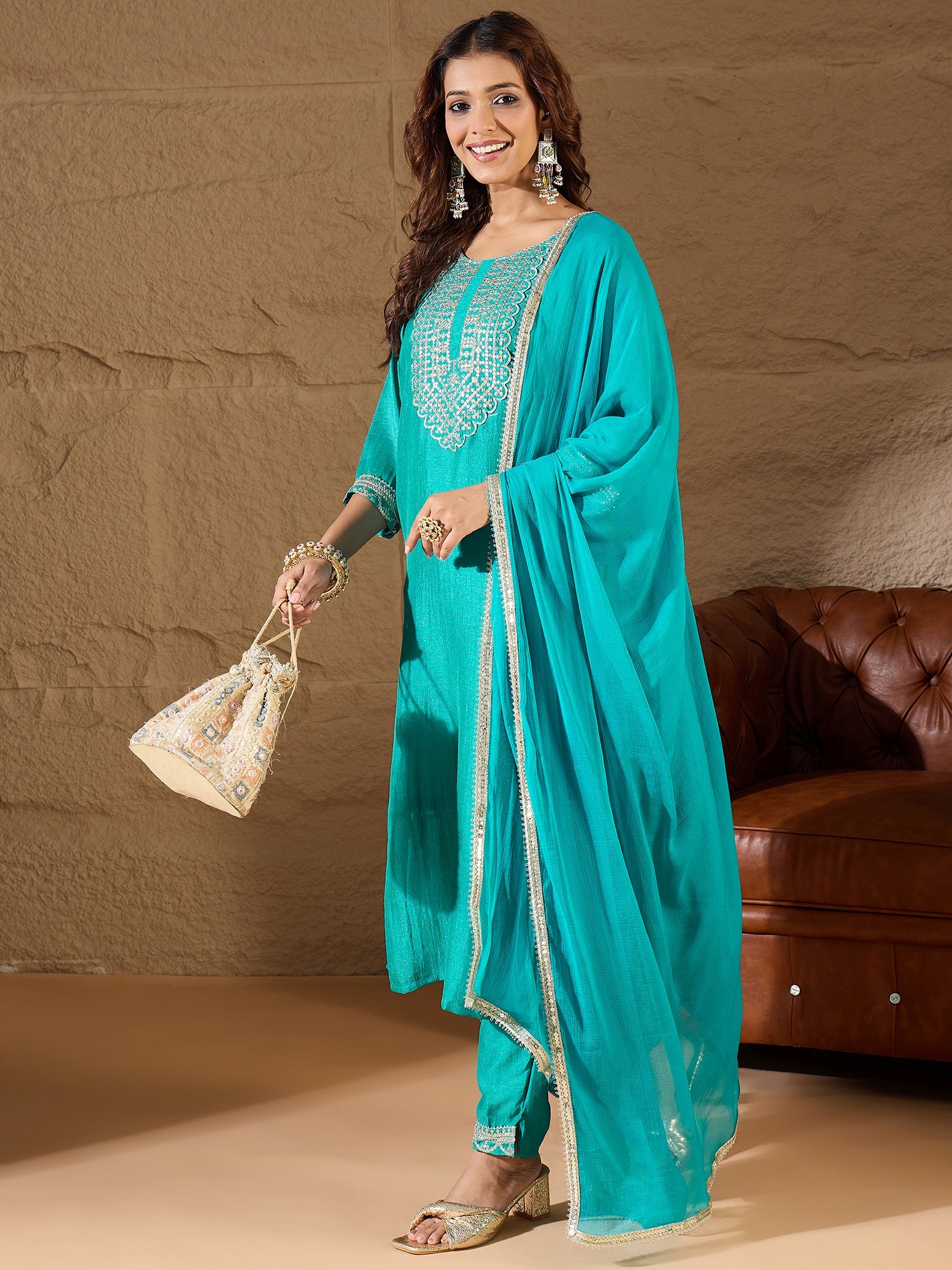 Ishita Bright Blue Silk Blend Yoke Design Kurta and Trousers Pant Set
