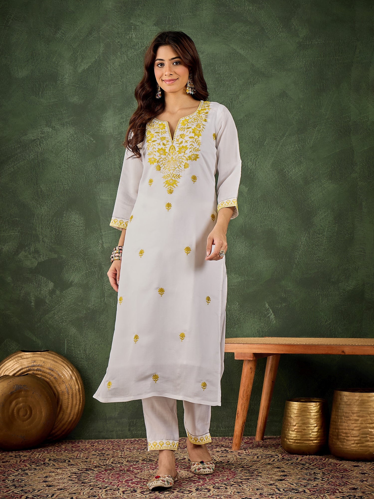 Baani Women's Silk Blend Embroidered Straight Kurta & Pant Set
