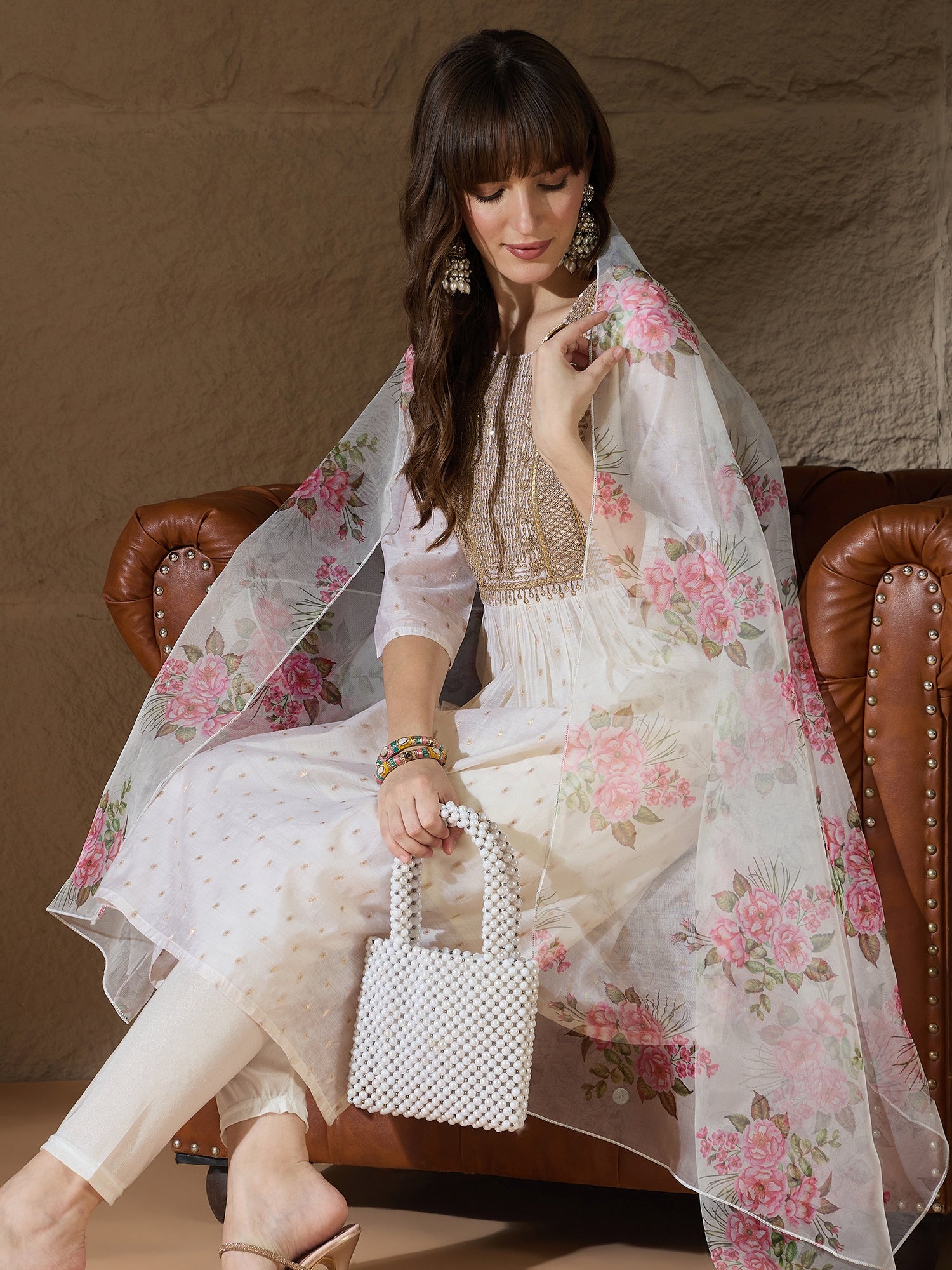 Neelangi Off white Women Kurta and Leggings Duppata Set Chanderi Modal Butti