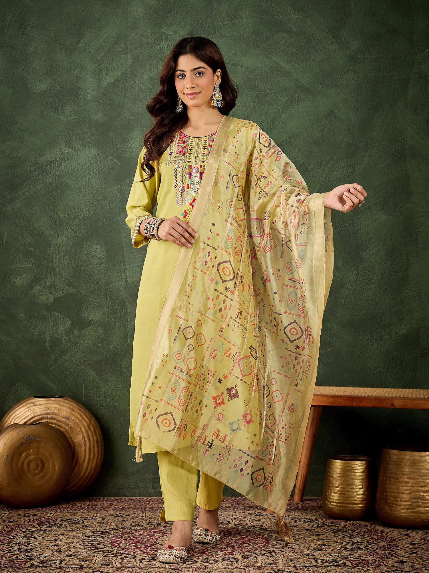 Pushti Women's Embroidered Yellow Silk Blend Straight Suit Set with Dupatta