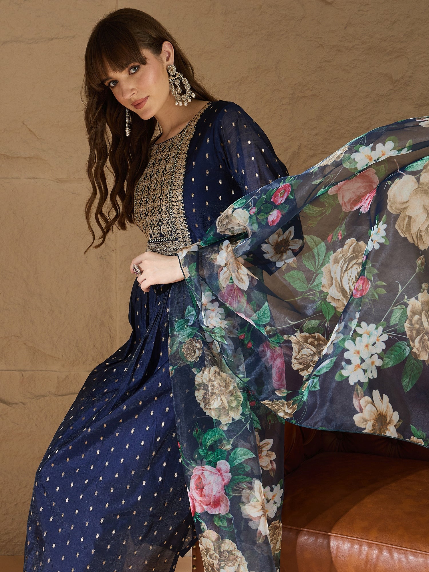 Neelangi Blue Women Kurta and Leggings Duppata Set Chanderi Modal Butti