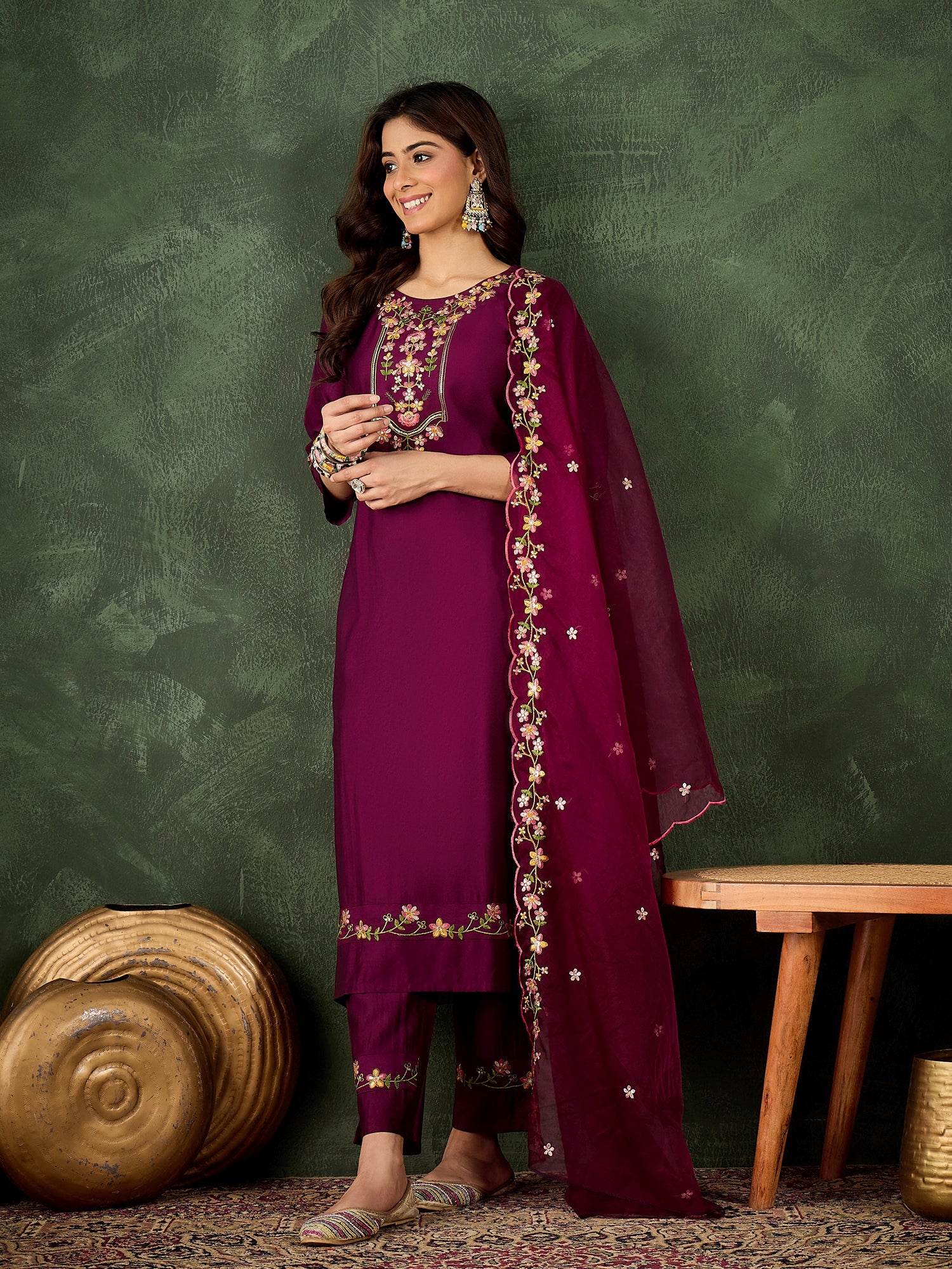 Chaitaly  Purple Women Floral Embroidered Regular Kurta with Trousers & Dupatta Suits Sets