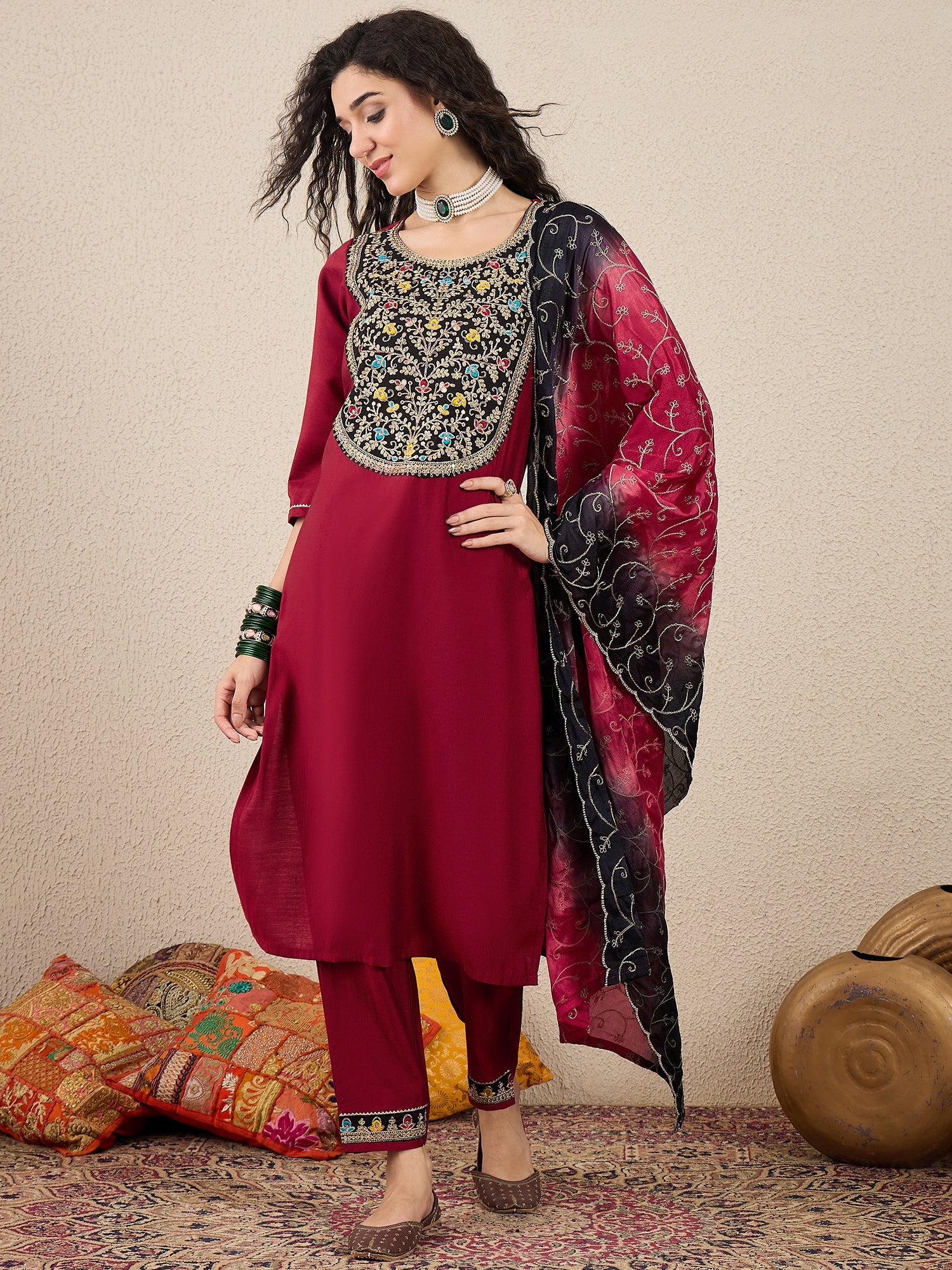 Tarunika  Embroidery Straight Maroon Kurta & Pant with Dupatta Set