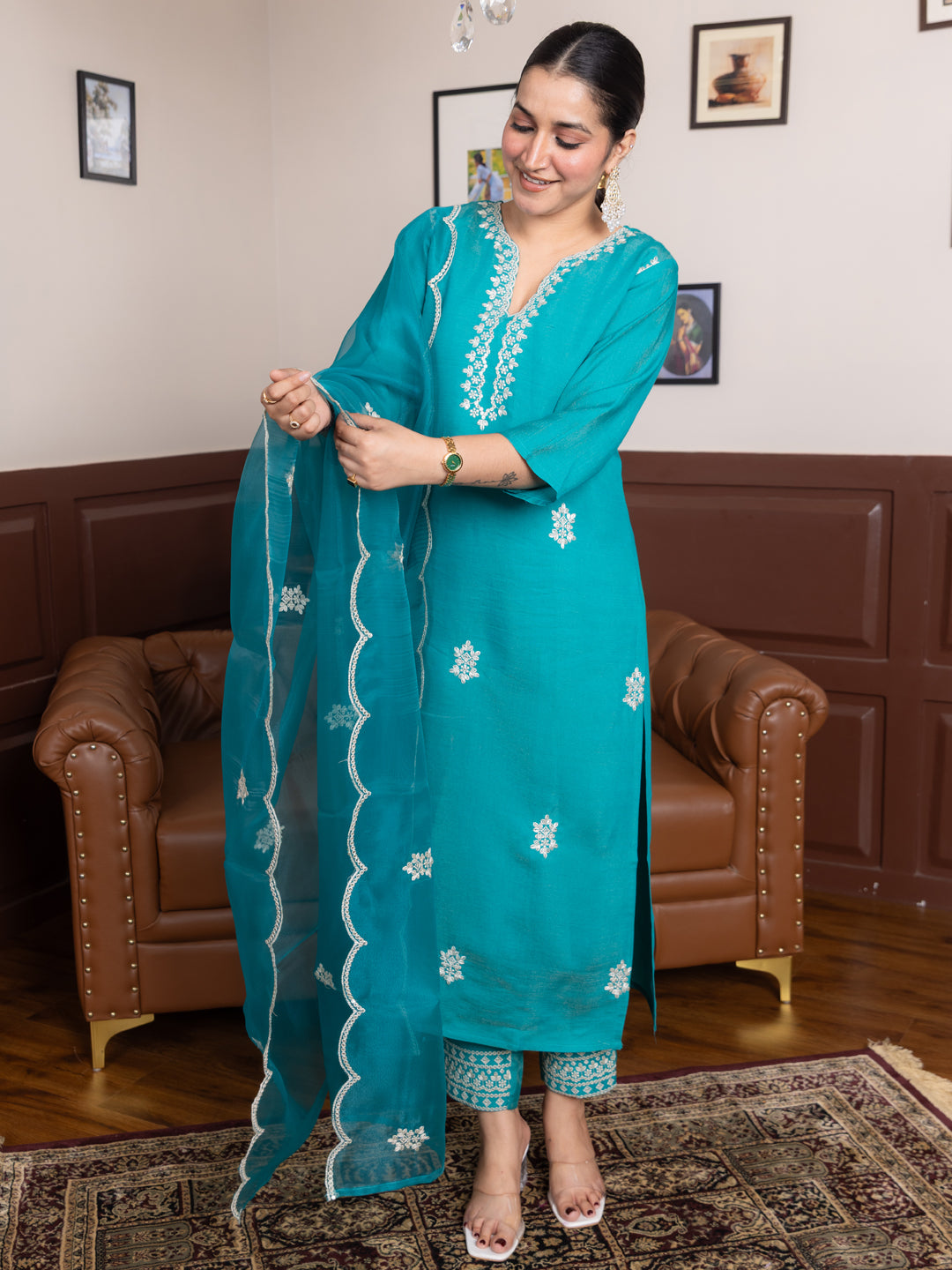 Suvdra Rama Viscose Rayon Kurta with Trousers & Dupatta Suits
