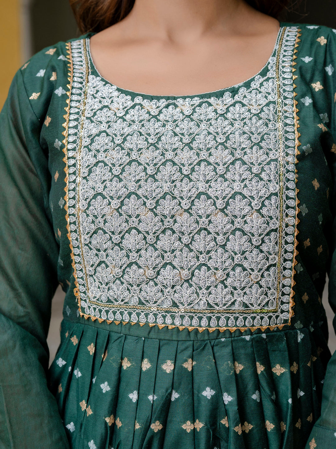 Katyayani Embroidered Chanderi Green Anarkali Suit Set with Dupatta Ethnic Sets